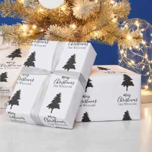 Gepersonaliseerde familienaam Wit Zwart Kerstboom Cadeaupapier