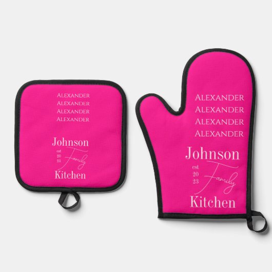 Gepersonaliseerde familienamen Hot Pink Ovenwant & Pannenlap Set (Voorkant)