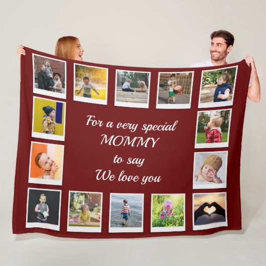 Gepersonaliseerde Family Square Photo Collage Rood Fleece Deken (In situ)