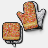 Gepersonaliseerde Faux Candy Corn Pattern Ovenwant & Pannenlap Set (Voorkant / Achterkant)