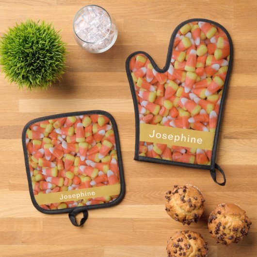 Gepersonaliseerde Faux Candy Corn Pattern Ovenwant & Pannenlap Set (Top down)