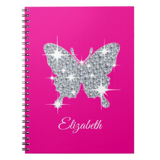Gepersonaliseerde faux diamantsparkle butterfly notitieboek (Voorkant)