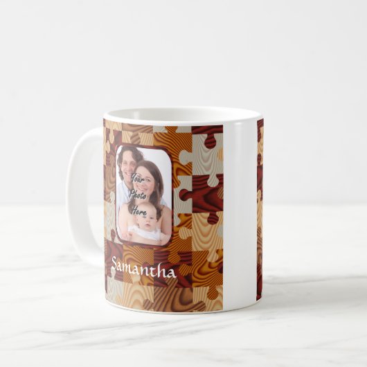 Gepersonaliseerde faux-houtpuzzel koffiemok (Voorkant links)