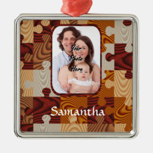 Gepersonaliseerde faux-houtpuzzel metalen ornament