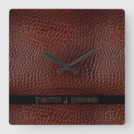 Gepersonaliseerde Faux Leather Brown reliëf Vierkante Klok