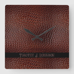 Gepersonaliseerde Faux Leather Brown reliëf Vierkante Klok