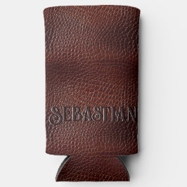 Gepersonaliseerde Faux Leather Brown Seltzer Blikjeskoeler