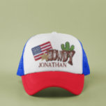 Gepersonaliseerde Faux Patches Howdy USA Vlag Trucker Pet<br><div class="desc">Dit ontwerp kan worden gepersonaliseerd in het gebied dat wordt aangeboden door de foto en / of tekst te wijzigen. U kunt de Sjabloon ook aanpassen door op Deze optie aanpassen te klikken en vervolgens de knop te kiezen om de achtergrond aan te passen en de kleur van de achtergrond...</div>