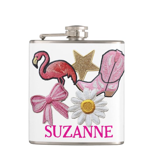Gepersonaliseerde Faux Patches Roze Western Boot Heupfles (Voorkant)