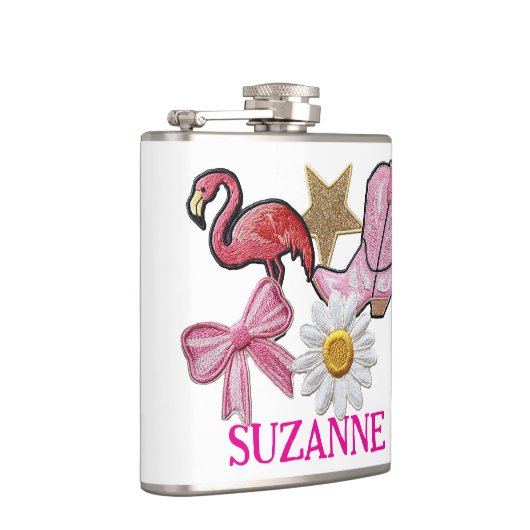 Gepersonaliseerde Faux Patches Roze Western Boot Heupfles (Rechts)