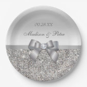 Gepersonaliseerde Faux Silver Sequins Boog Wedding Papieren Bordje (Voorkant)