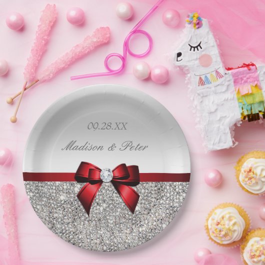 Gepersonaliseerde Faux zilveren pailletten rode bo Papieren Bordje (Feest)