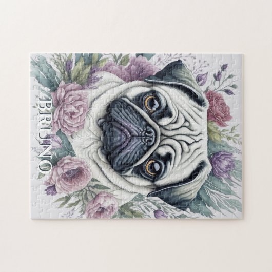 Gepersonaliseerde Fawn Pug Waterverf Floral Legpuzzel (Horizontaal)