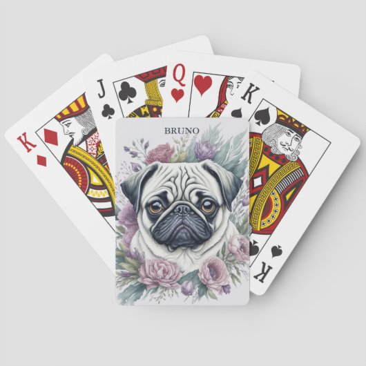Gepersonaliseerde Fawn Pug Waterverf Floral Pokerkaarten (Achterkant)