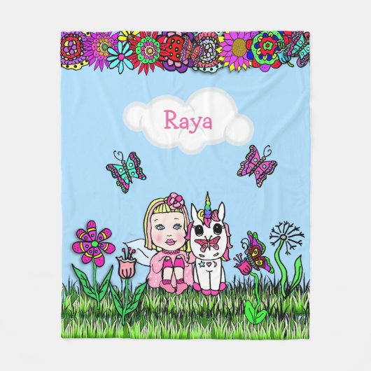 Gepersonaliseerde feeën, bloemen en vlinders fleece deken (Voorkant)