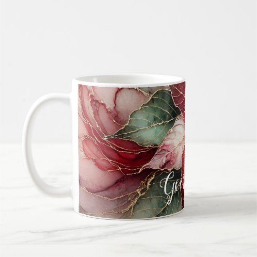 Gepersonaliseerde feestelijke bloemige alcohol ink koffiemok (Links)