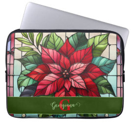 Gepersonaliseerde feestelijke Glas in lood poinset Laptop Sleeve