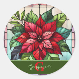 Gepersonaliseerde feestelijke Glas in lood poinset Ronde Sticker