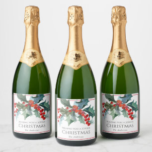Gepersonaliseerde feestelijke kerst Holly en besse Sparkling Wijnetiket