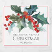 Gepersonaliseerde feestelijke kerst Holly en besse Sparkling Wijnetiket (Enkel label)