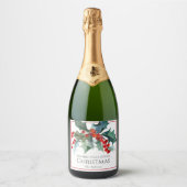 Gepersonaliseerde feestelijke kerst Holly en besse Sparkling Wijnetiket (Voorkant)