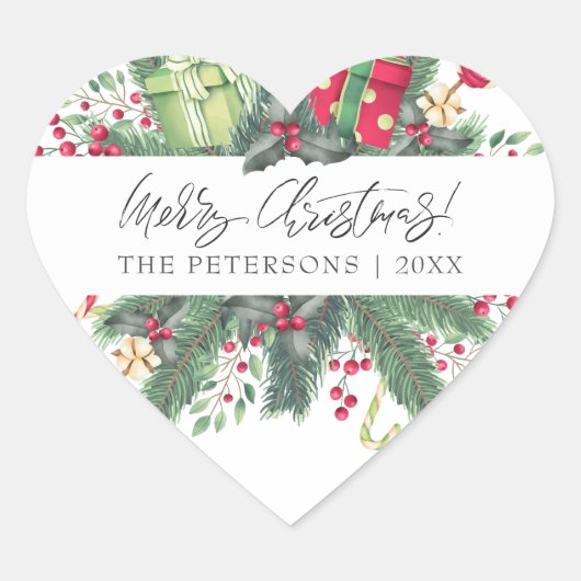 Gepersonaliseerde feestelijke vrolijke kerst decor hart sticker (Voorkant)