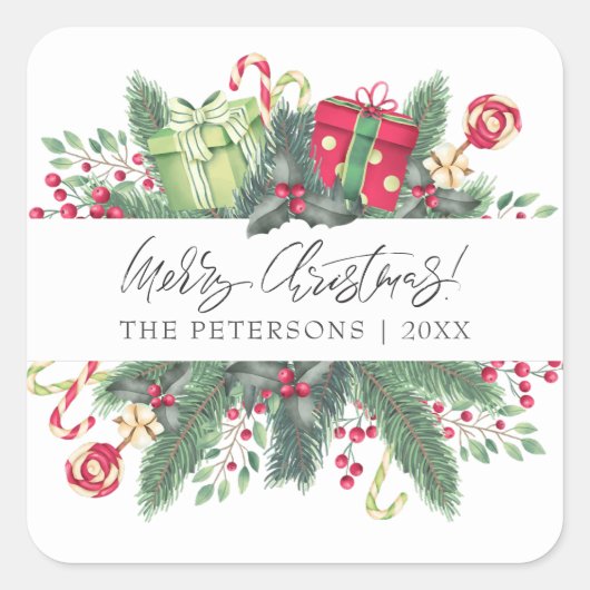 Gepersonaliseerde feestelijke vrolijke kerst decor vierkante sticker (Voorkant)