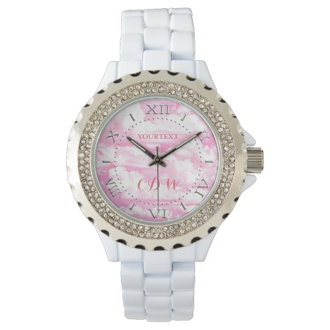 Gepersonaliseerde Festive Pastel roze happy Clouds Horloge (Voorkant)