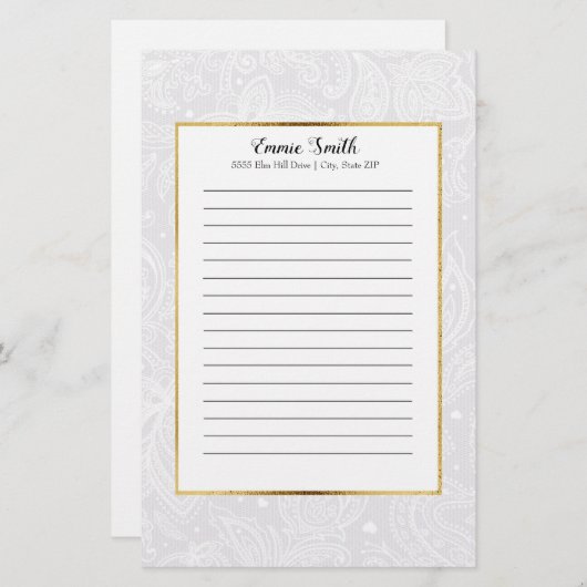 Gepersonaliseerde fijne witte paisley kant briefpapier (Voorkant / Achterkant)