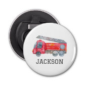 Gepersonaliseerde Firetruck verjaardagsfeestje Button Flesopener (Voorkant)