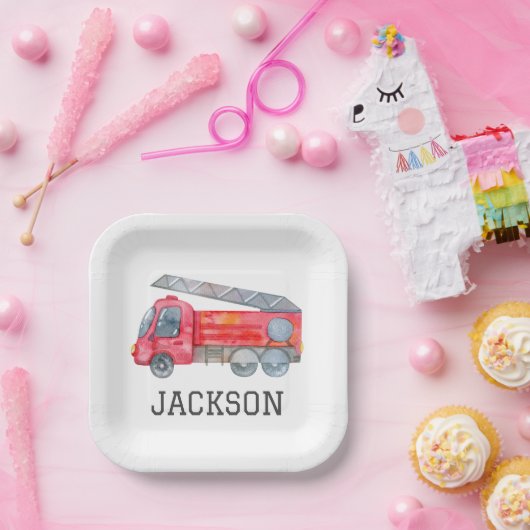 Gepersonaliseerde Firetruck verjaardagsfeestje Papieren Bordje (Feest)