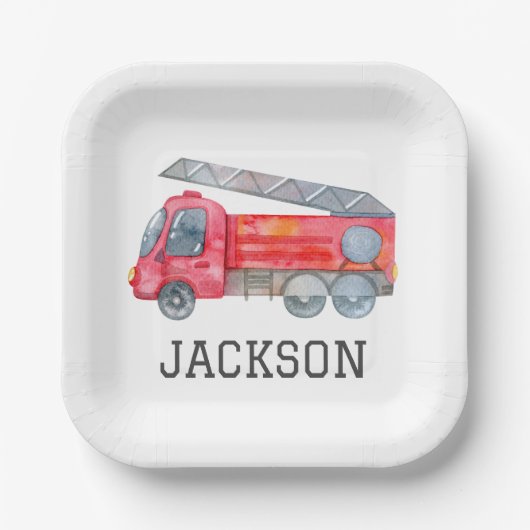 Gepersonaliseerde Firetruck verjaardagsfeestje Papieren Bordje (Voorkant)