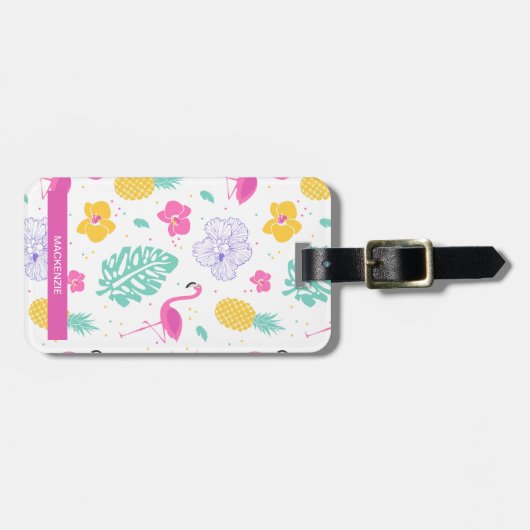 Gepersonaliseerde Flamingo & Ananas Zomer Bagagelabel (Voorkant horizontaal)