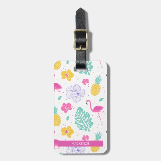 Gepersonaliseerde Flamingo & Ananas Zomer Bagagelabel (Voorkant verticaal)