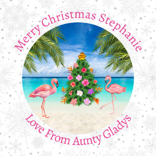 Gepersonaliseerde Flamingo Tropische Kerstboom Cadeaupapier