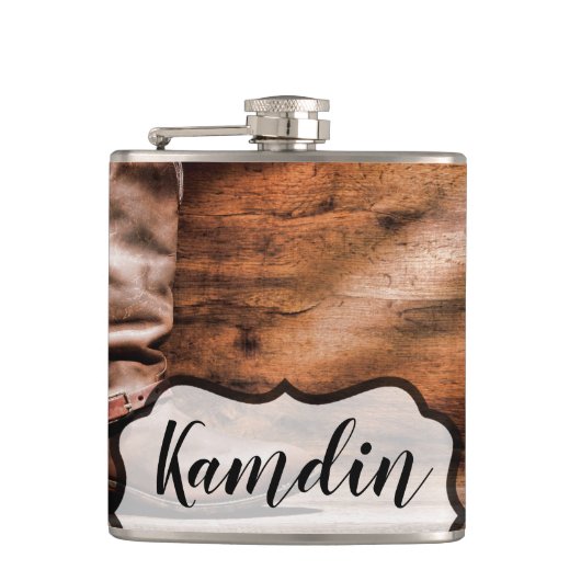 Gepersonaliseerde Flask Cowboy Laarzen Schuur Hout Heupfles (Voorkant)