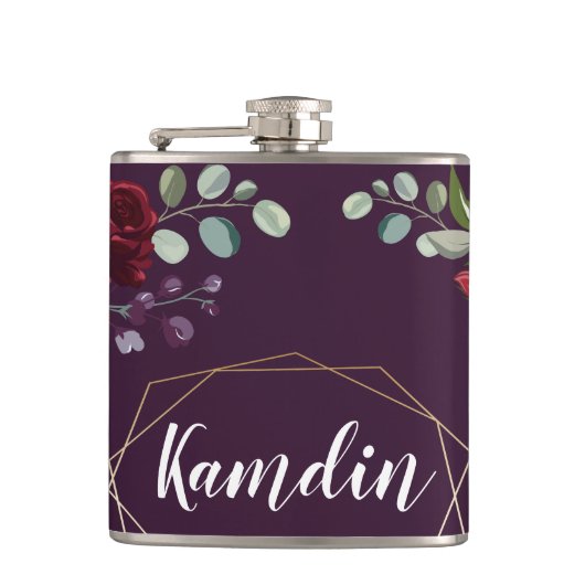 Gepersonaliseerde Flask Plum Paarse Rozen Gold Geo Heupfles (Voorkant)