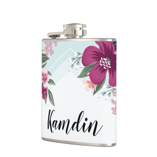 Gepersonaliseerde Flask Tropische Bloem op Blauwe  Heupfles (Links)