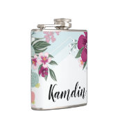 Gepersonaliseerde Flask Tropische Bloem op Blauwe Heupfles (Rechts)
