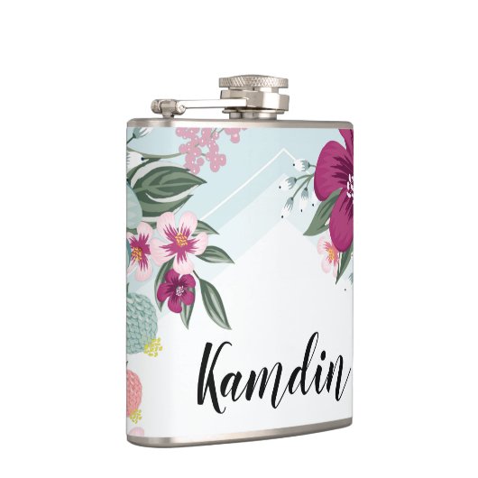 Gepersonaliseerde Flask Tropische Bloem op Blauwe  Heupfles (Rechts)