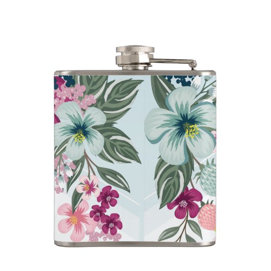 Gepersonaliseerde Flask Tropische Bloem op Blauwe  Heupfles (Achterkant)