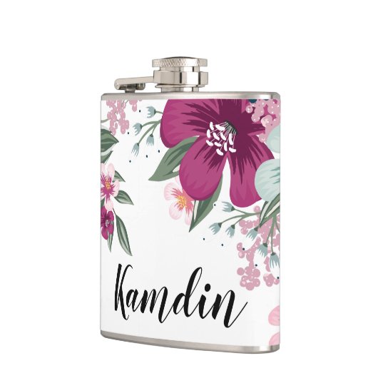 Gepersonaliseerde Flask Tropische Bloem op Wit Heupfles (Links)