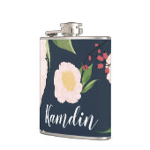 Gepersonaliseerde Flask Witte Bloemen op Donker Bl Heupfles (Links)