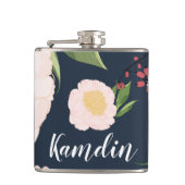 Gepersonaliseerde Flask Witte Bloemen op Donker Bl Heupfles (Voorkant)