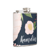 Gepersonaliseerde Flask Witte Bloemen op Donker Bl Heupfles (Rechts)