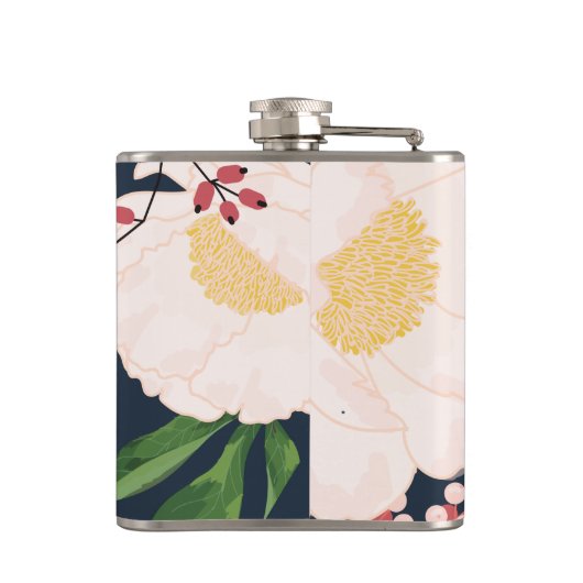 Gepersonaliseerde Flask Witte Bloemen op Donker Bl Heupfles (Achterkant)