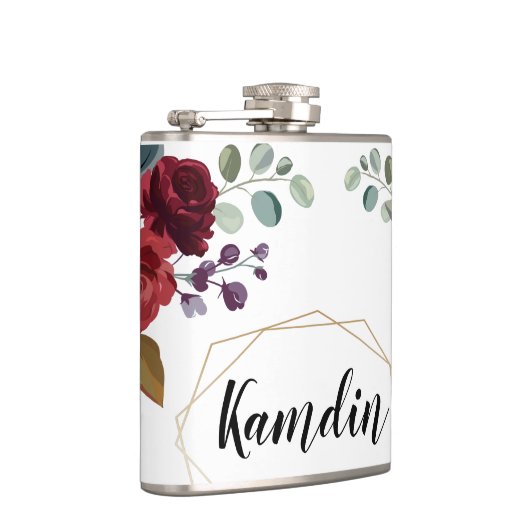 Gepersonaliseerde Flask Witte Rozen Gouden Geometr Heupfles (Rechts)