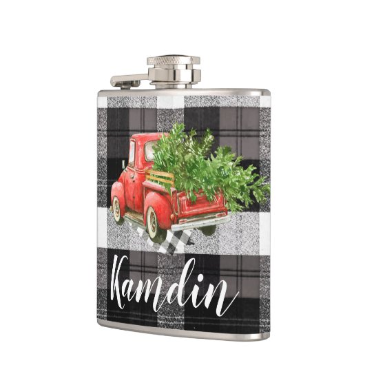 Gepersonaliseerde Flask XMAS Truck Baffalo Plaid Z Heupfles (Links)