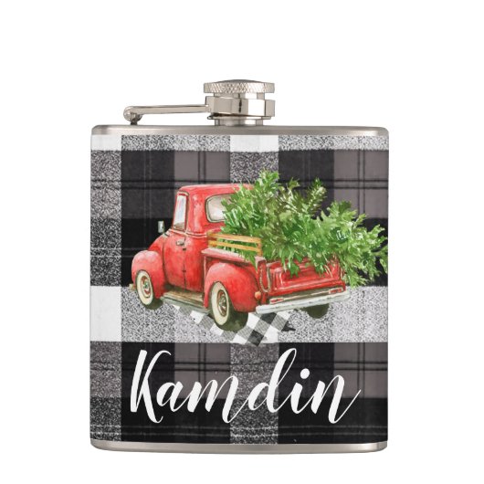 Gepersonaliseerde Flask XMAS Truck Baffalo Plaid Z Heupfles (Voorkant)