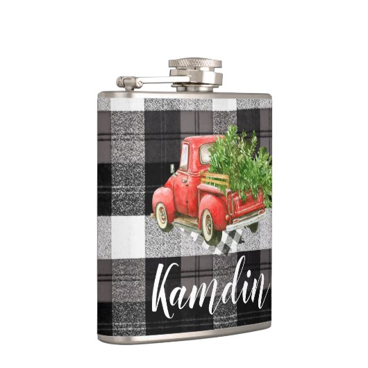 Gepersonaliseerde Flask XMAS Truck Baffalo Plaid Z Heupfles (Rechts)